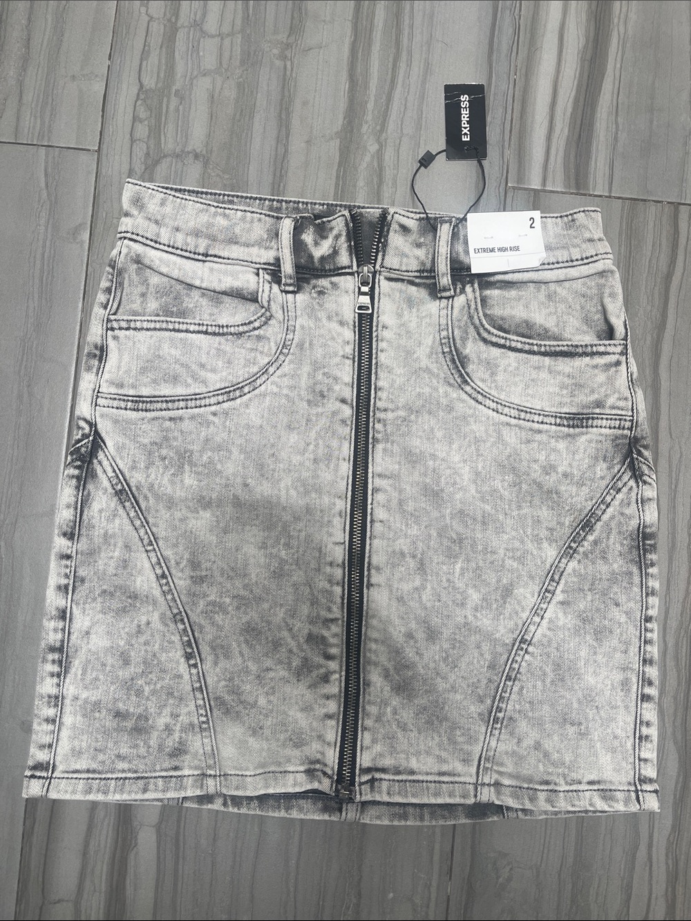 Express Acid-Wash Zip-Front Denim Mini Skirt - Gray